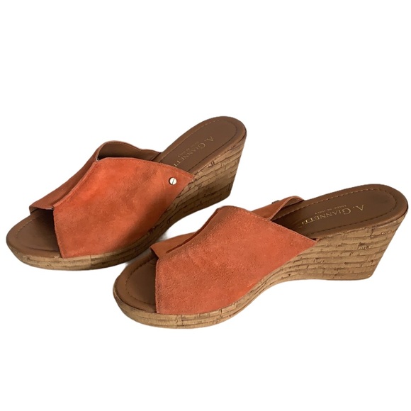 A. Giannetti Orange Suede Wedge Slides Sz 9.5 - Picture 3 of 8